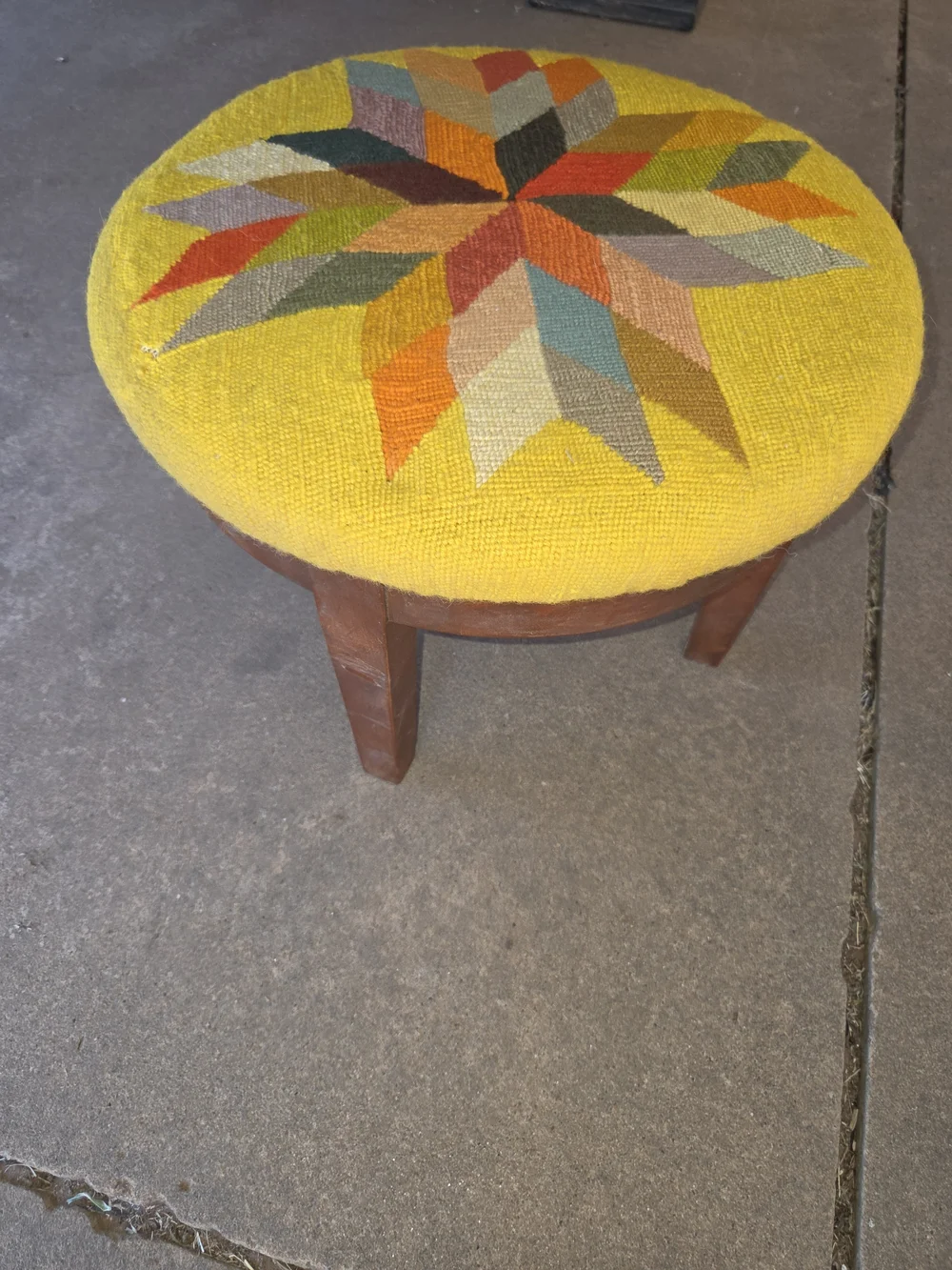 Vintage Mid Century Modern Needlepoint Footstool - Round Geometric